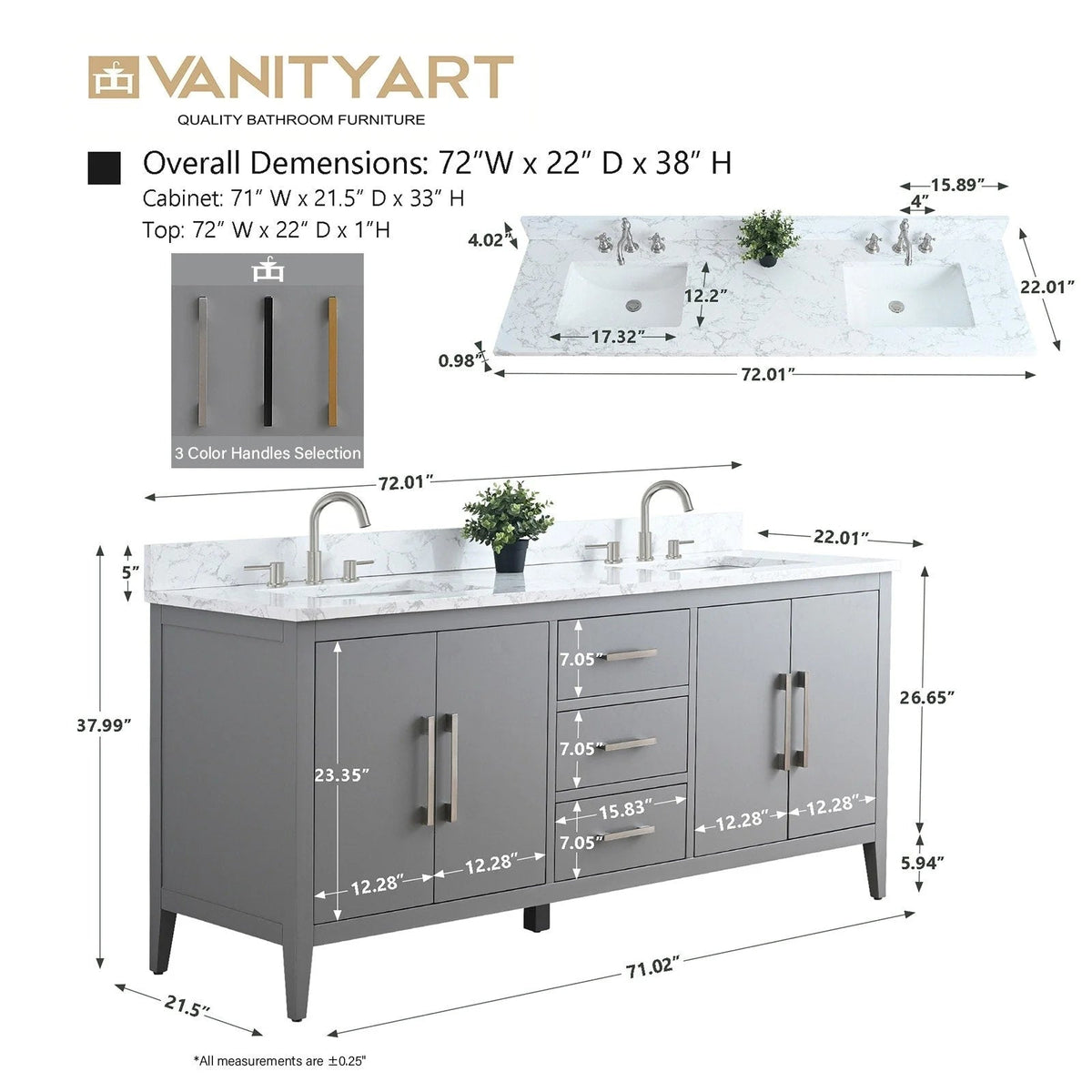 Vanity Art 72 Double Sink Bathroom Vanity Cabinet with Engineered Marble Top