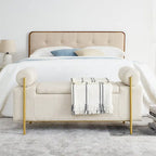 Upholstered Linen Storage Bench with Cylindrical Arms and Gold Metal Legs