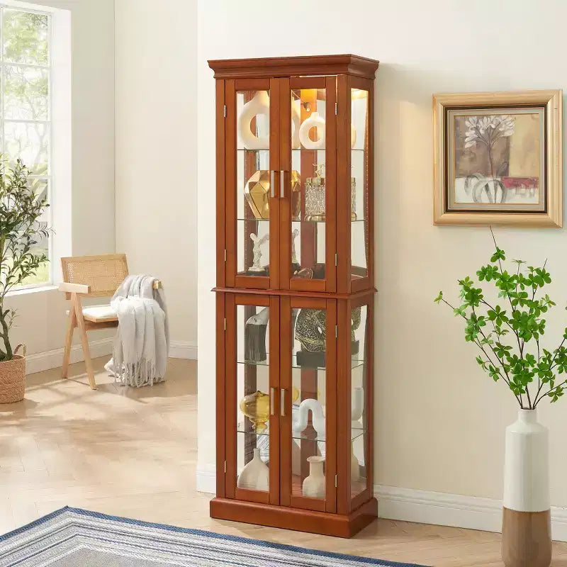 Display Cabinet, Curio Cabinet with 6 Adjustable Shelves and Tempered Glass Doors, Tall Cabinet for Living Room, Bedroom