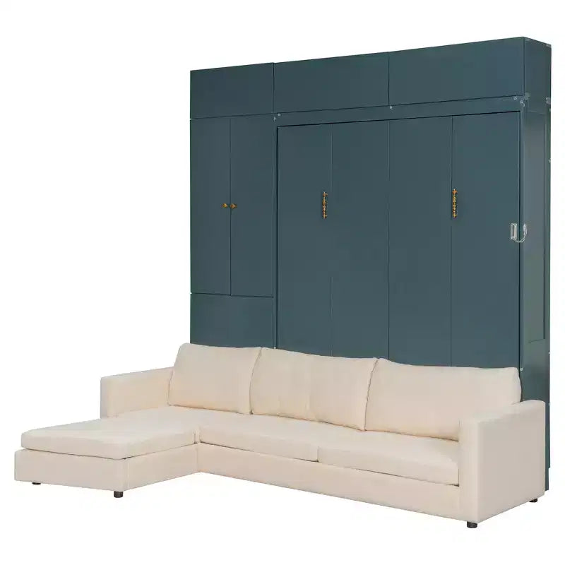 Queen Size Murphy Bed with Sofa and Cabinet, Wooden Queen Cabinet Bed Wall Bed with Shelves, Folding Wall Chest Bed for Guest Room Office