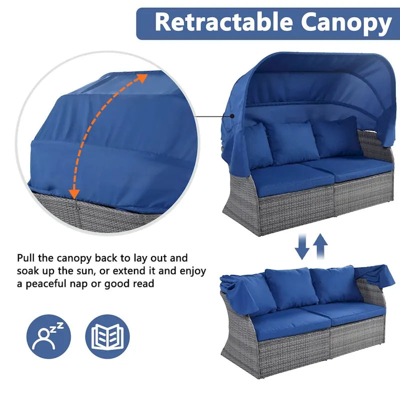 Outdoor Gray Wicker Daybed with Cushions and Retractable Canopy