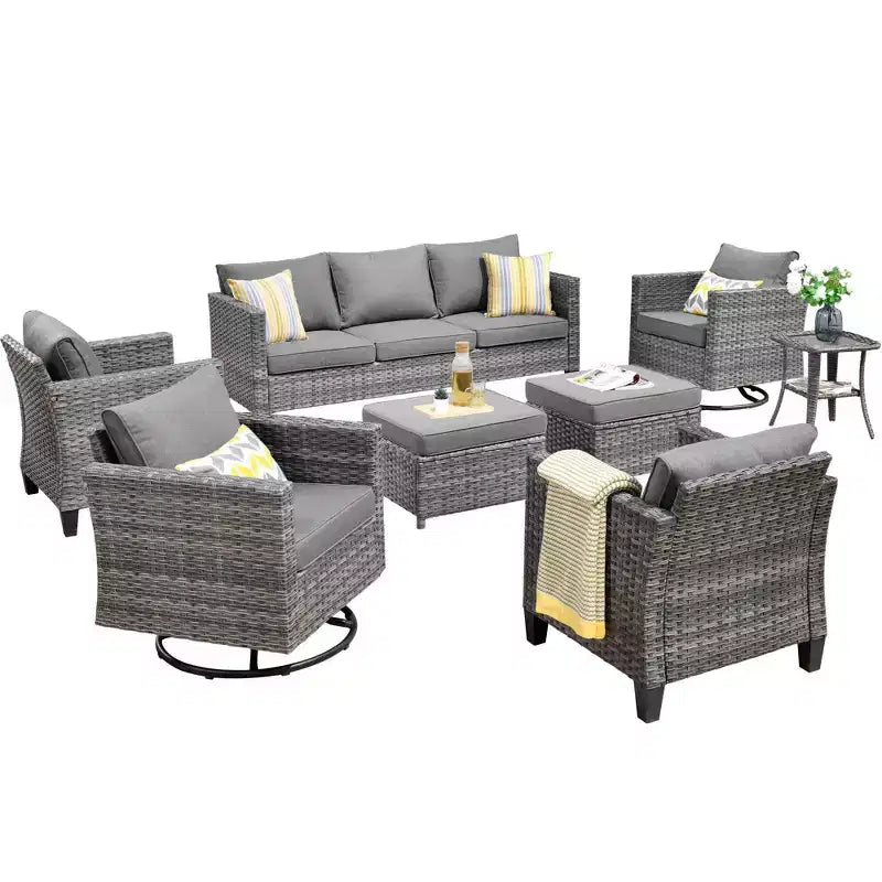Ovios Tampa 8pc Wicker Outdoor Patio Furniture Conversation Sofa Set with Swivel Chairs and Cushions