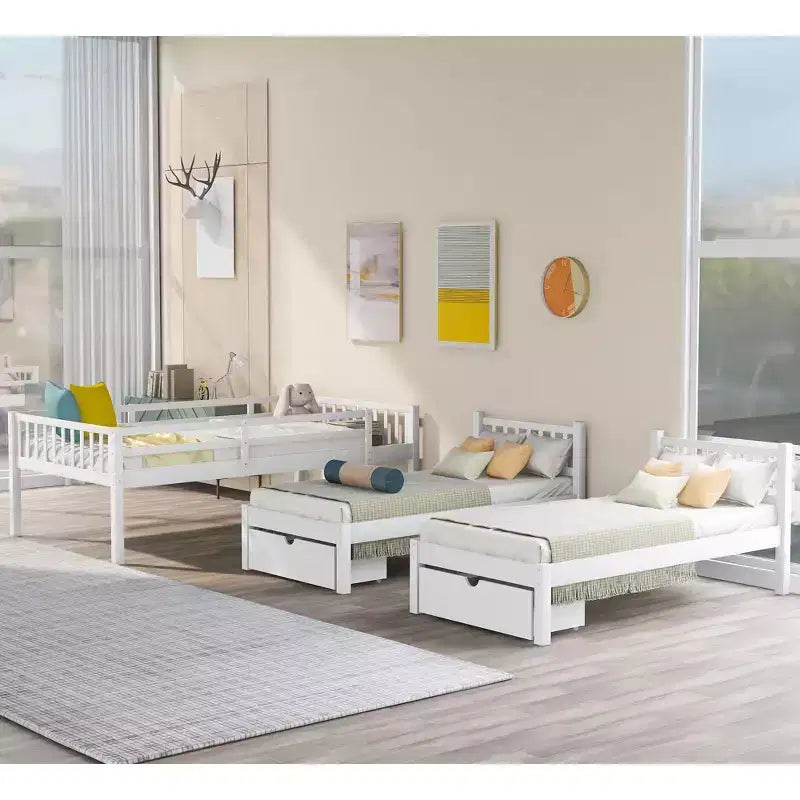 Full Over Twin & Twin Bunk Bed for 3, Wooden Triple Bunk Bed with 2 Storage Drawers, can be Divided into 3 Separate Beds
