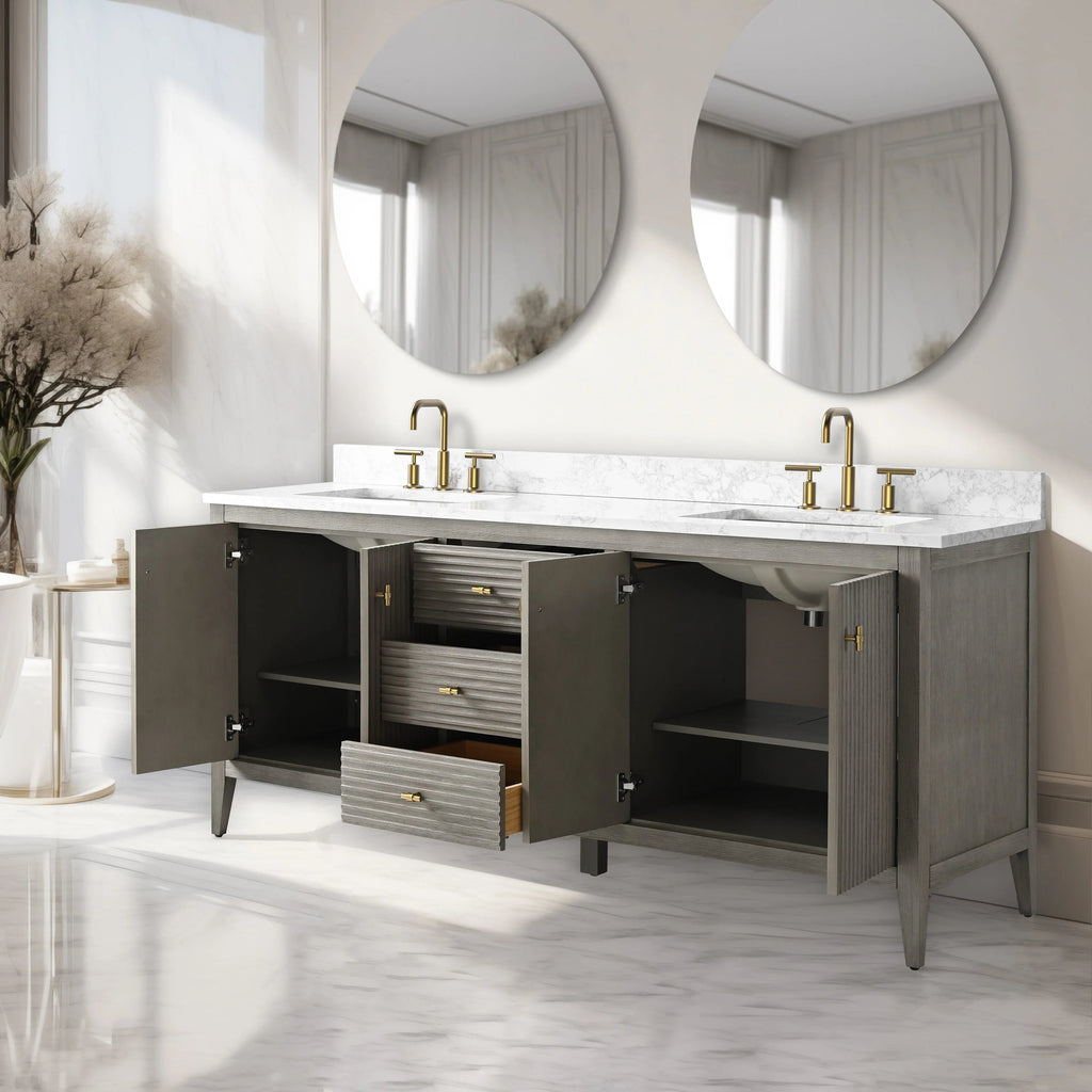 Vanity Art 72 Double Sink Bathroom Vanity Cabinet with Engineered Marble Top