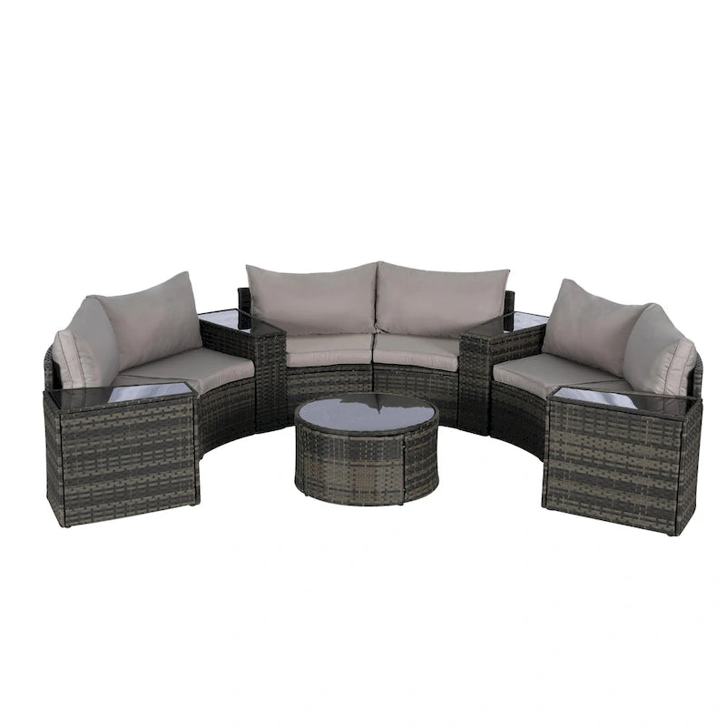 11-Piece Outdoor Half-Round Modular Sectional Sofa Set with Tempered Glass Coffee Table and 4 Side Table