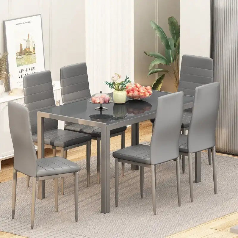 Grondin Modern Style 7-Piece Dining Room Table Set with Tempered Glass Tabletop and 6 PU Leather Upholstered Chairs