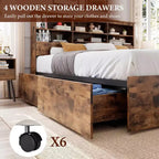 Full Bed Frame with Storage Headboard, Wooden Bed Frame with 4 Drawers, Storage Bookcase & King Size Platform Bed with Strong Metal Support