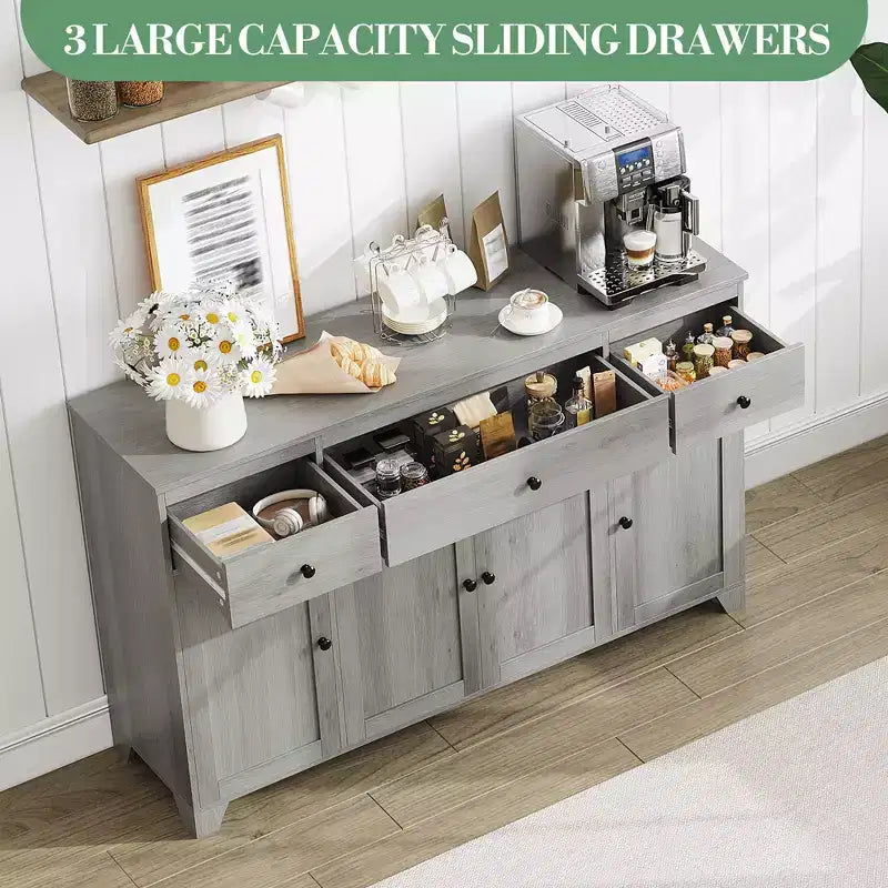 55 Sideboard Buffet Cabinet with 3 Drawers & 4 Doors, Adjustable Shelf Kitchen Storage Console for Dining Room Living Room
