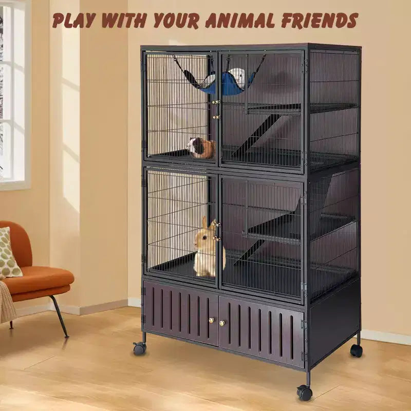 Small Animal Cage, Ferret Cage - 59 5-Tier Habitat with Storage Cabinet, Includes Hammock/Wheels/Removable Ramps/Easy-Clean Trays