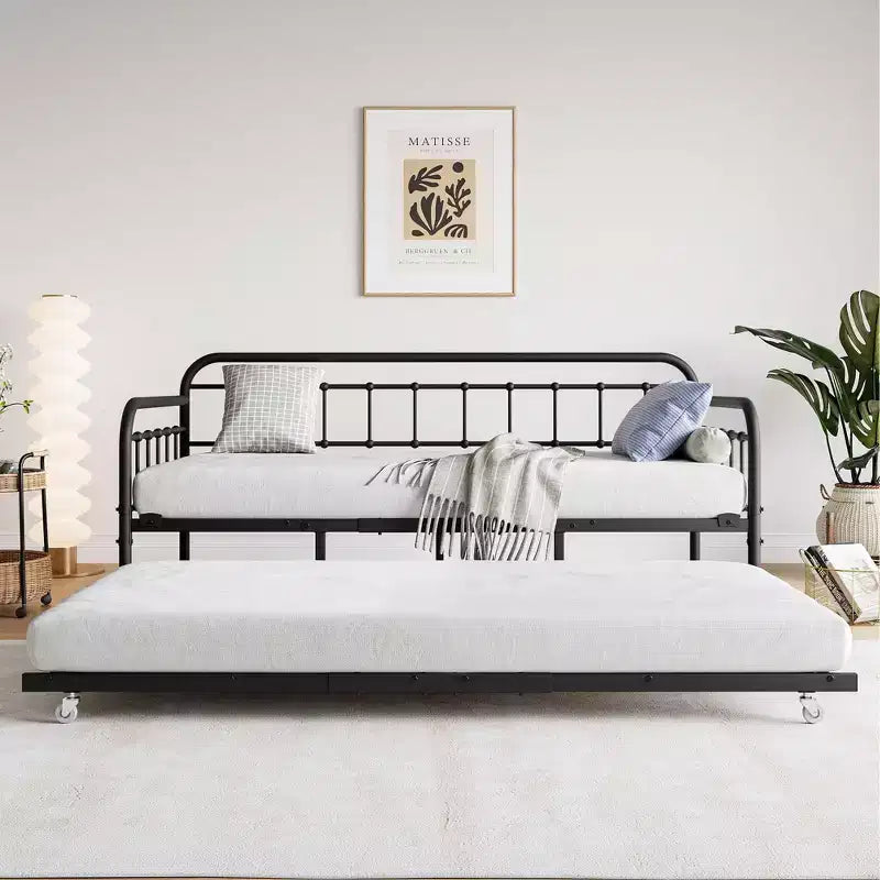 MAYEERTY Twin Size Metal Daybed Frame with Trundle, Heavy Duty Sofa Bed Platform, No Box Spring Needed, Black