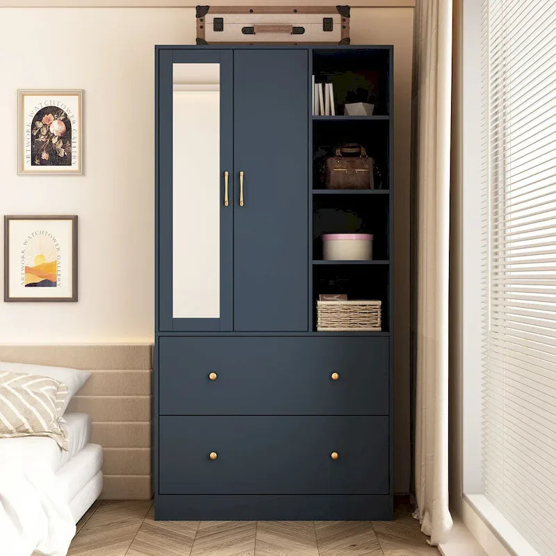 Wardrobe Clo Armoire wi/Mirror & Scalable Hanging Rod Space Saving