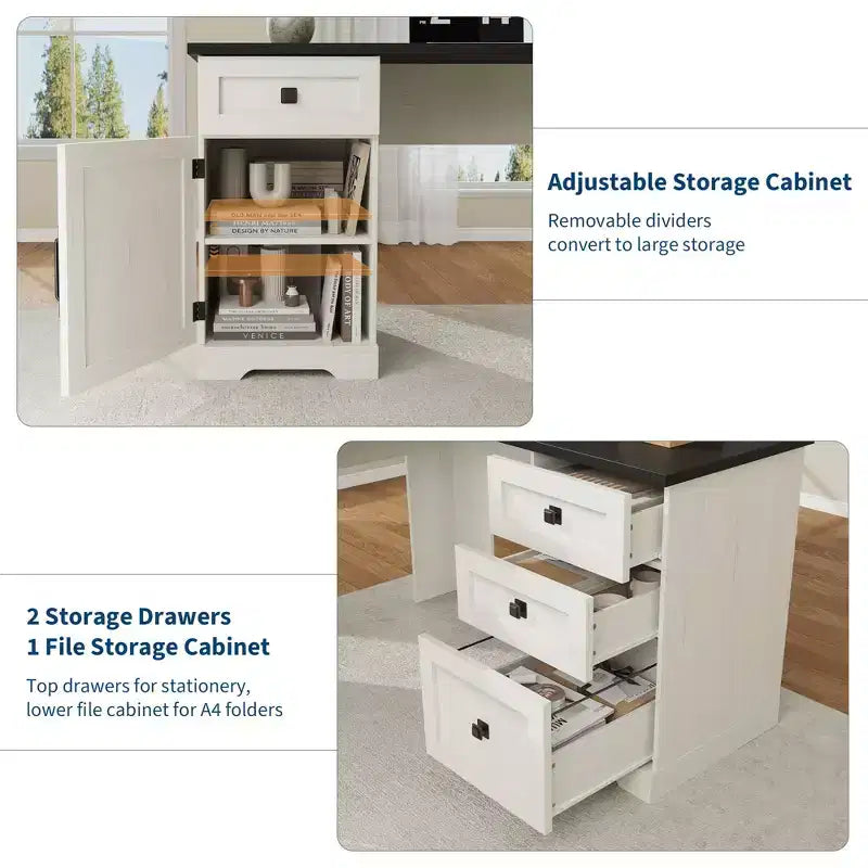 60 Farmhouse L-Shaped Executive Desk  Corner Home Office Desk with File Drawer, Storage Cabinet & Adjustable Shelf