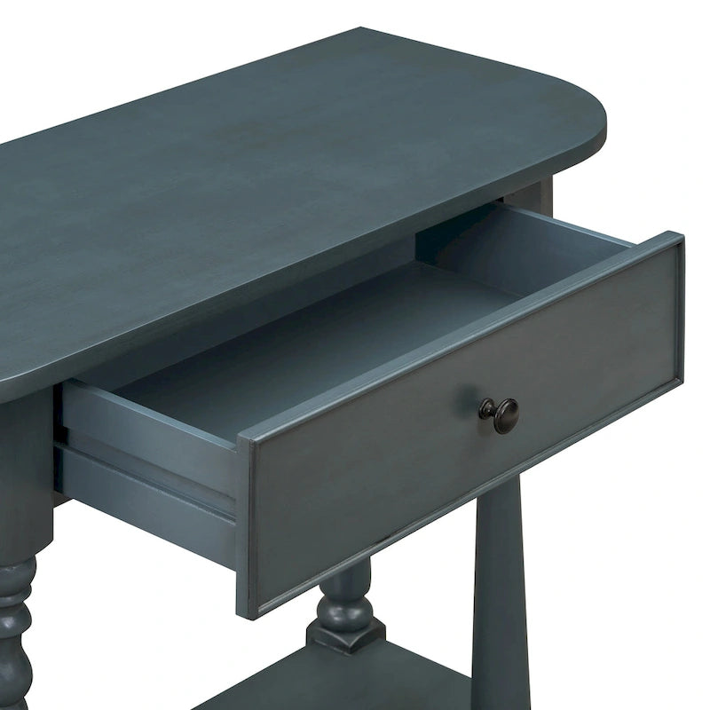 Retro Narrow Console Table with Curved Corner, Top Drawer & Open Shelf
