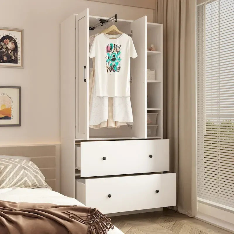 Wardrobe Clo Armoire wi/Mirror & Scalable Hanging Rod Space Saving