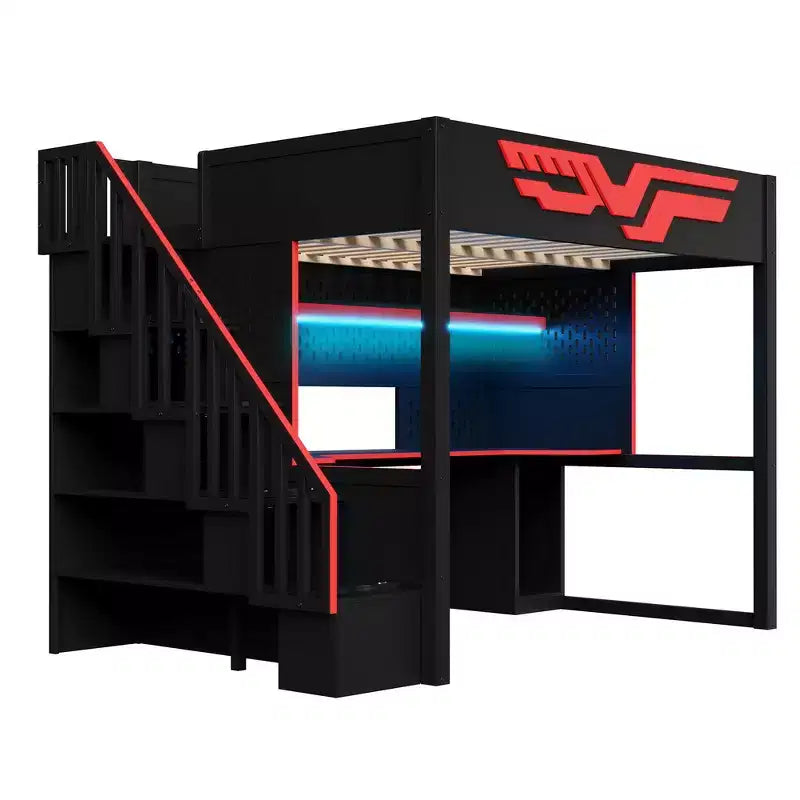 Whisen Full Size Gaming Loft Bed Frame with Desk and Storage Staircase - Red & Black