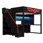 Whisen Full Size Gaming Loft Bed Frame with Desk and Storage Staircase - Red & Black