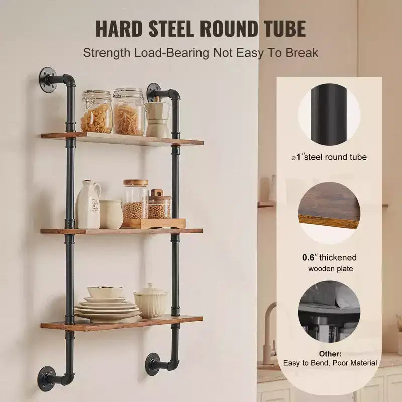 VEVOR Industrial Pipe Shelf, 3 Tier 24x7.87in, Wall-Mount Floating Rustic Wood Shelves Bracket Display Bookshelf, Storage Rack Sundries Holder,Black