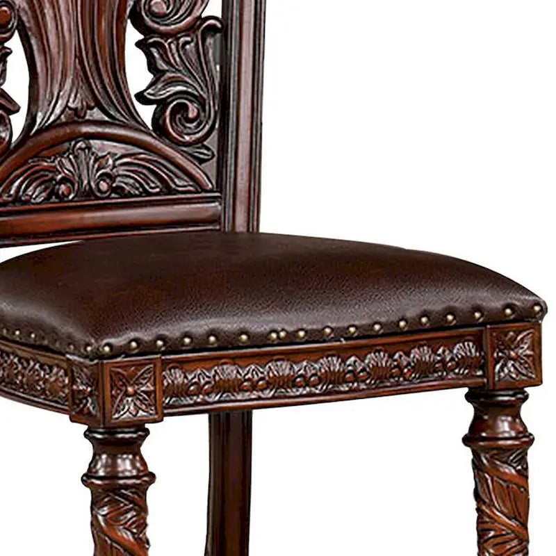 Iga 22 Inch Carved Dining Chair, Set of 2, Faux Leather Seat, Nailhead Trim