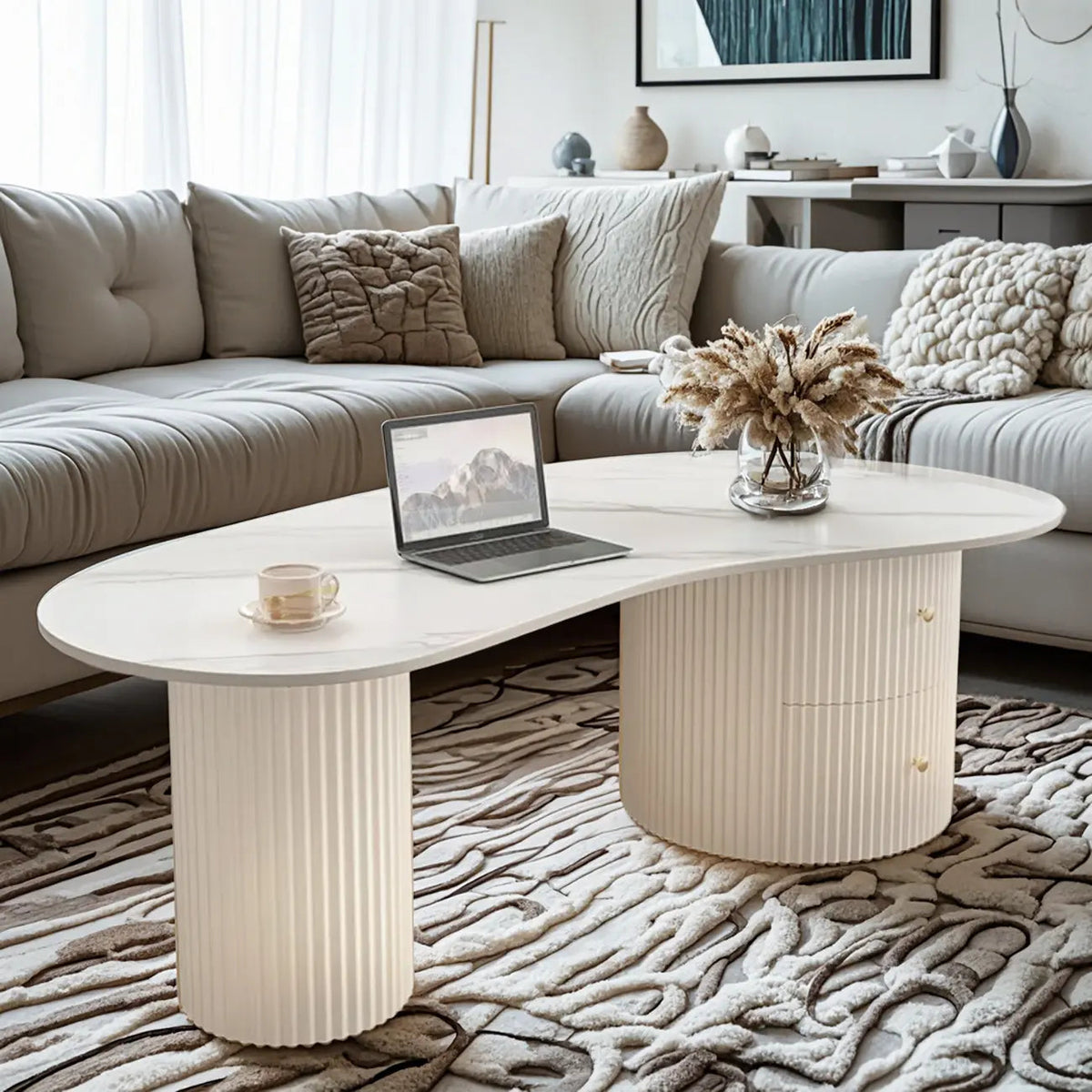 Minimalist Standard White Oval Coffee Table with 2 Drawers