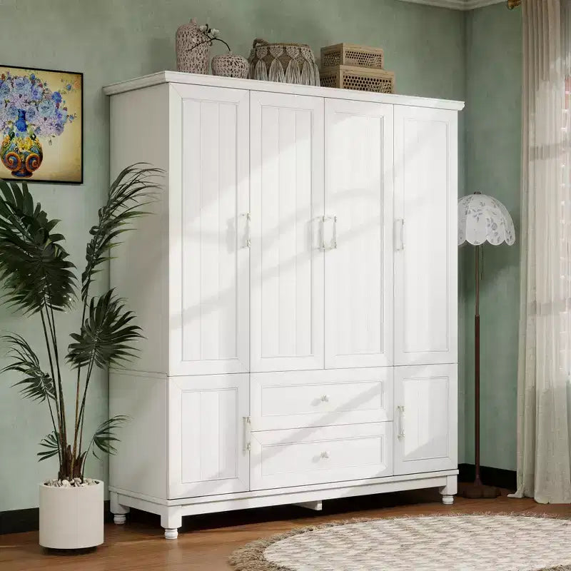 White Wood 61.42 in. Armoire with 2 Drawers, Hanging Rod and Shelves