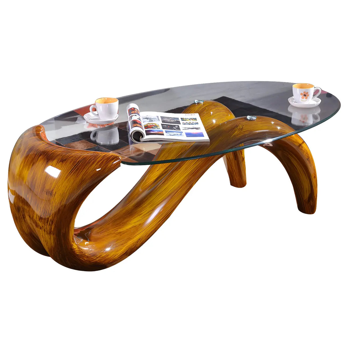 Abstract Modern Oval Glass Top Metal Base Coffee Table
