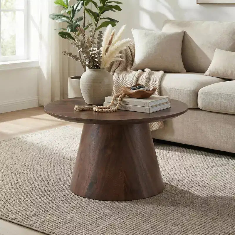 Walnut Wood Grain MDF Round Coffee Table, 23.6 Diameter, 13.7 Height
