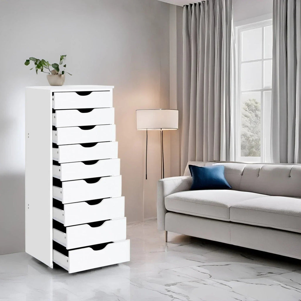 Narrow Wooden 9-Drawer Cabinet with Smooth-Glide Drawers and Top Storage Shelf