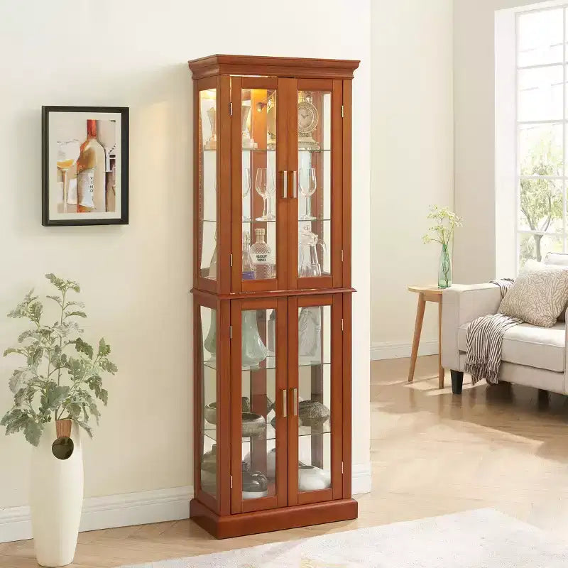 Display Cabinet, Curio Cabinet with 6 Adjustable Shelves and Tempered Glass Doors, Tall Cabinet for Living Room, Bedroom