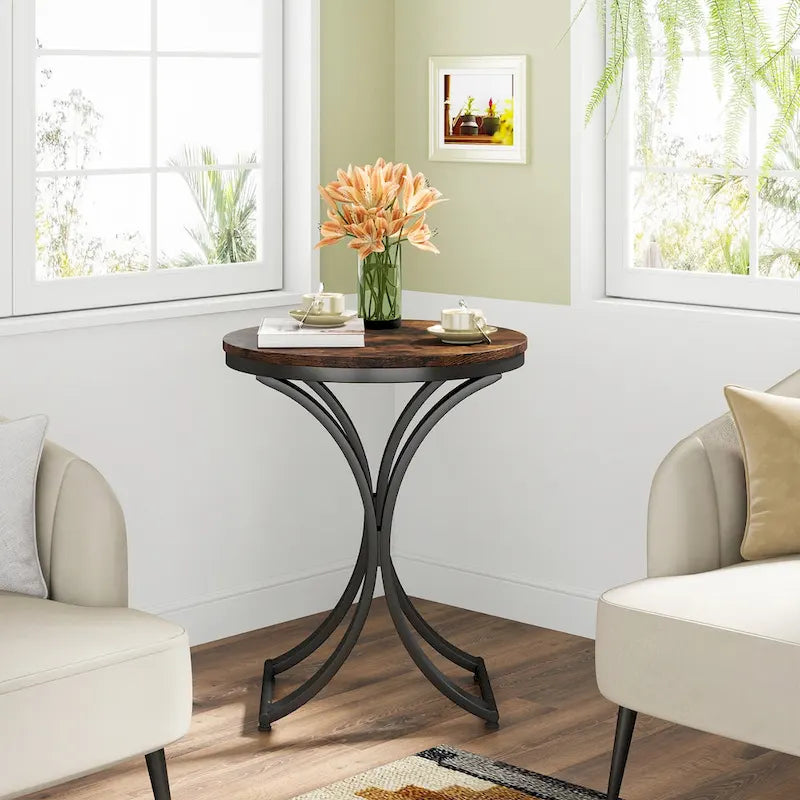 Small Modern Round Side Table End Table Nightstand with Gold Metal Frame and Faux Marble Veneer Engineered Wood for Living Room