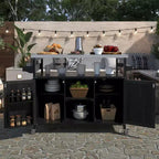 Okak Outdoor Kitchen Island with Stainless Steel Top, Wooden Kitchen Cart with Doors, Shelves and Spice Rack, Rolling Kitchen Island