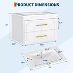 Modern Floating Bathroom Vanity Set with Basin - Wall-Mounted Cabinet with Soft-Close Storage Drawer and Gold Handle, 24 or 30 Size