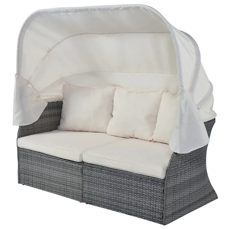 Outdoor Gray Wicker Daybed with Cushions and Retractable Canopy