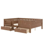 Bellemave Queen Size Toddler Bed with 14 Safety Guardrails, Space-saving Bed Frame with Built-in Bookshelves & 2 Under-Bed Storage Drawers