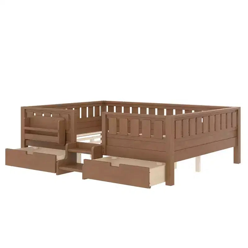 Bellemave Queen Size Toddler Bed with 14 Safety Guardrails, Space-saving Bed Frame with Built-in Bookshelves & 2 Under-Bed Storage Drawers
