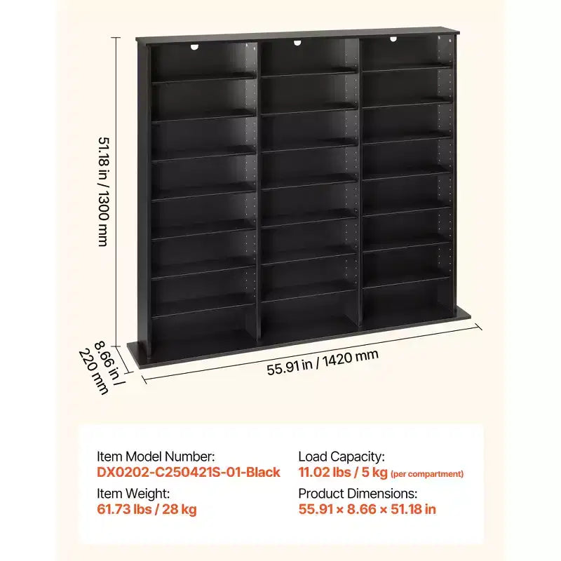VEVOR Media Storage Cabinet, 8-Tier DVD Shelf Organizer, 55.91 x 8.66 x 51.18 in Multimedia Storage Organizer for CDs, DVDs, Books & Games, Black