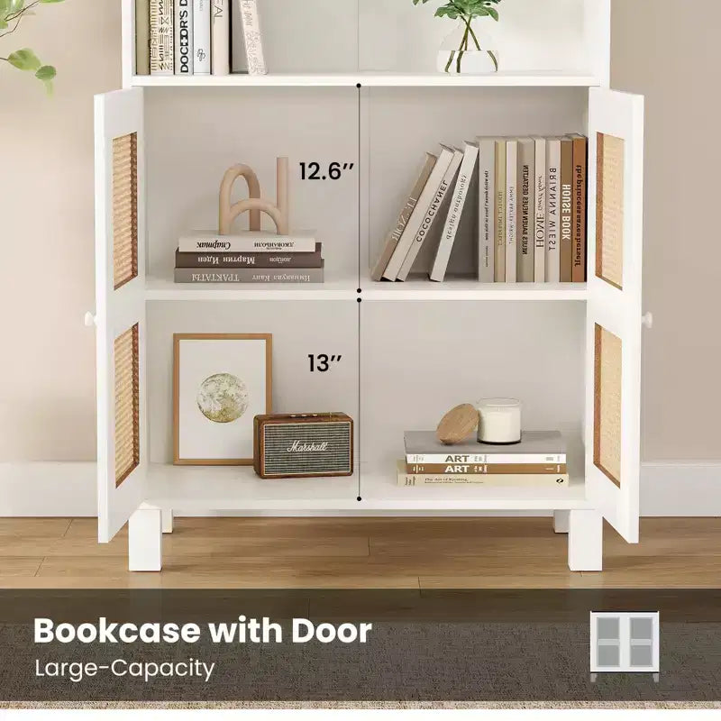 TUYOHW Tall Bookcase with Rattan Doors,5-Shelf Freestanding Storage Cabinet,Bookshelf for Living Room,Bedroom,Home Office