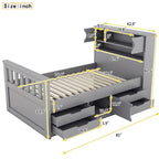 Twin/Full Size Captain Platform Bed with 4 Drawers and Storage Shelves, Solid Wood Bed Frame with Storage Bookcase Headboard