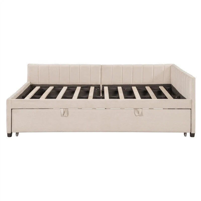 Upholstered Daybed with Twin Size Pop Up Trundle, Full Size Daybed Frame Sofa Bed with L-Shaped Backrest and Striped Design
