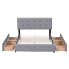 Upholstered Platform Bed with Classic Headboard and 4 Drawers No Box Spring Needed Linen Fabric Queen Size Beige