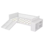 Whisen Twin Size Low Loft Bed Frame for Kids with Slide, Movable Bookshelf Storage, Guardrails, Low Loft Bed Frame