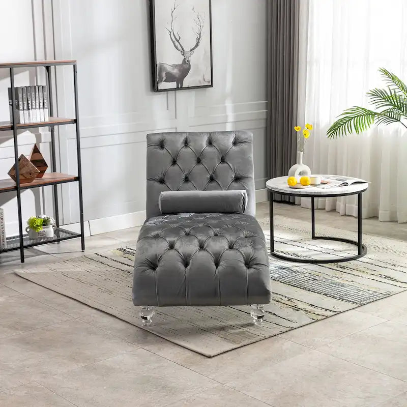 Button-Tufted Upholstered Velvet Recliner Chaise with Pillow and Acrylic Feet