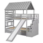 Whisen Twin over Twin House Bunk Bed with Trundle and Slide, Storage Staircase, Roof and Window Design