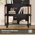 TUYOHW Tall Bookcase with Rattan Doors,5-Shelf Freestanding Storage Cabinet,Bookshelf for Living Room,Bedroom,Home Office