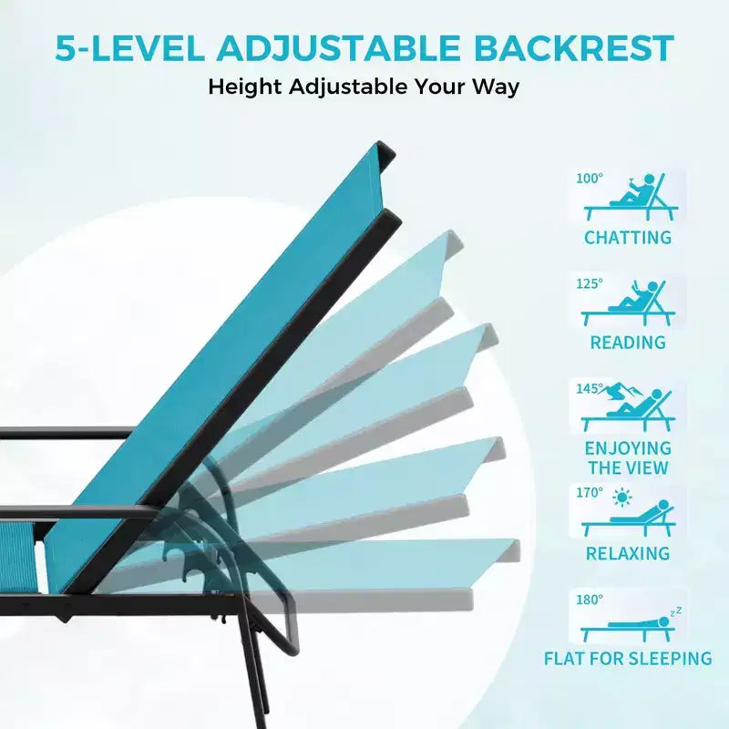Set of 2 Outdoor Patio Chaise Lounge Chairs, 5-Position Adjustable Reclining Chairs with Textilene Fabric, Poolside Loungers for Garden & Balcony