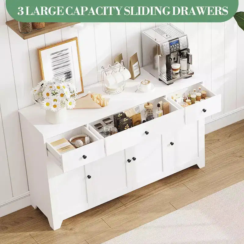 55 Sideboard Buffet Cabinet with 3 Drawers & 4 Doors, Adjustable Shelf Kitchen Storage Console for Dining Room Living Room