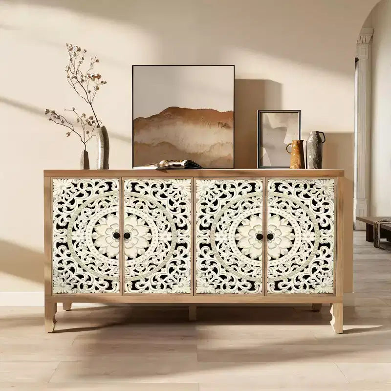 Buffet Cabinet with Storage, Distressed Storage Cabinet with 4 Carved Doors and Adjustable Shelf, Wooden Accent Sideboard Buffet Cabinets