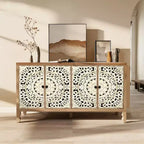 Buffet Cabinet with Storage, Distressed Storage Cabinet with 4 Carved Doors and Adjustable Shelf, Wooden Accent Sideboard Buffet Cabinets