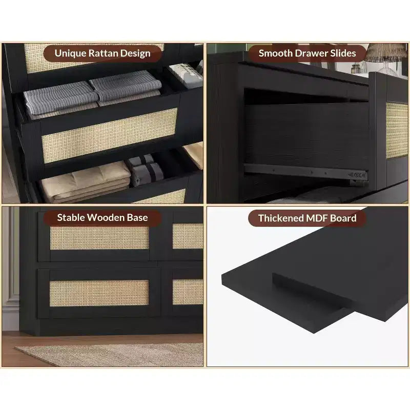 Dresser for Bedroom, Rattan 9 Drawer Dresser for Closet, Double Wood Dressers & Chest of Drawers
