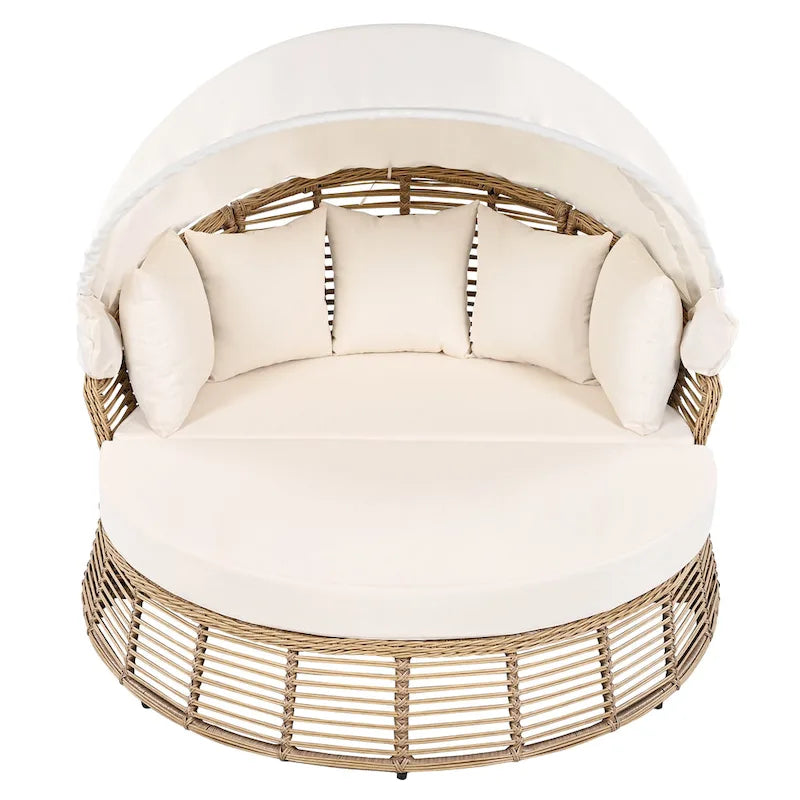Outdoor Rattan Round Daybed with Canopy & Removable Cushions