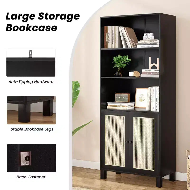 TUYOHW Tall Bookcase with Rattan Doors,5-Shelf Freestanding Storage Cabinet,Bookshelf for Living Room,Bedroom,Home Office